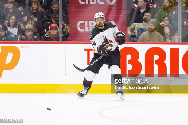 Arizona Coyotes Defenceman Matt Dumba passes the puck during first period National Hockey League action between the Arizona Coyotes and Ottawa...