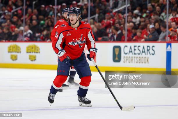 Nicolas Aube-Kubel of the Washington Capitals shadows the puck carrier during a game against the Philadelphia Flyers at Capital One Arena on March 1,...