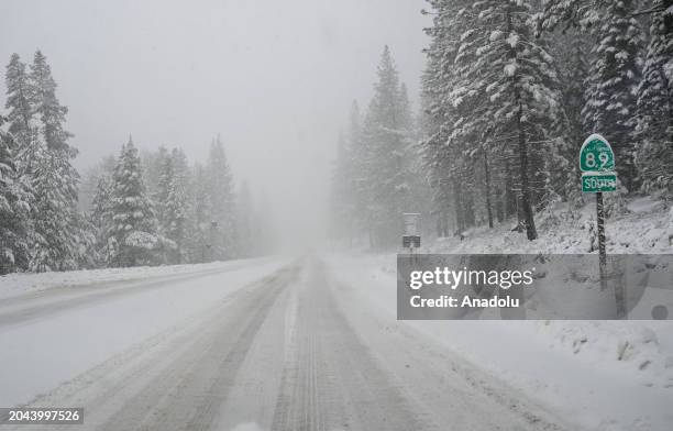 View snow of blanketed Highway 89 in Truckee, California, United States on March 1, 2024 as blizzard warning issued for California's Sierra Nevada.