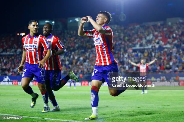 BenjamIn Galdames of Atletico San Luis celebrates after scoring the team's third goal during the 10th round match between Atletico San Luis and...
