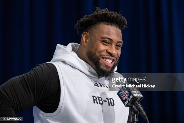 Audric Estime #RB10 of the Notre Dame Fighting Irish speaks to the media during the 2024 NFL Draft Combine at Lucas Oil Stadium on March 01, 2024 in...