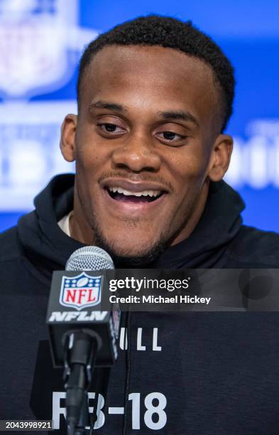 Marshawn Lloyd #RB18 of the Southern California Trojans speaks to the media during the 2024 NFL Draft Combine at Lucas Oil Stadium on March 01, 2024...