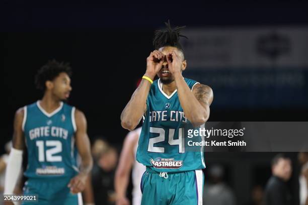 March 1: Kent Bazemore of the Greensboro Swarm celebrates during the game against the Delaware Blue Coats on March 1, 2024 at The Novant Health...