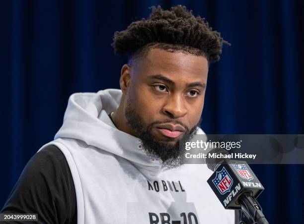 Audric Estime #RB10 of the Notre Dame Fighting Irish speaks to the media during the 2024 NFL Draft Combine at Lucas Oil Stadium on March 01, 2024 in...