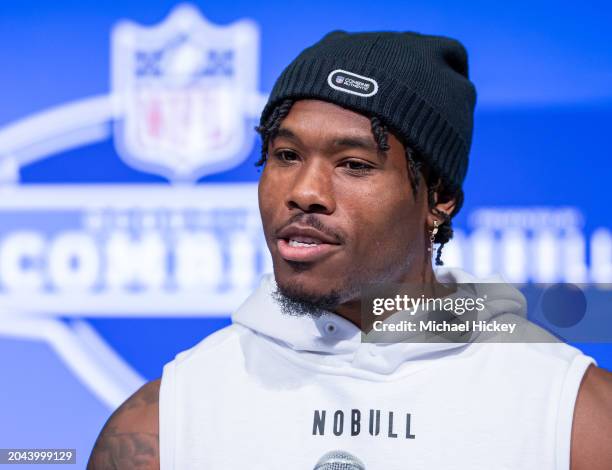Tyrone Tracy Jr. #RB25 of the Purdue Boilermakers speaks to the media during the 2024 NFL Draft Combine at Lucas Oil Stadium on March 01, 2024 in...