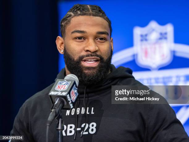 Miyan Williams #RB28 of the Ohio State Buckeyes speaks to the media during the 2024 NFL Draft Combine at Lucas Oil Stadium on March 01, 2024 in...