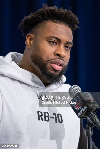 Audric Estime #RB10 of the Notre Dame Fighting Irish speaks to the media during the 2024 NFL Draft Combine at Lucas Oil Stadium on March 01, 2024 in...