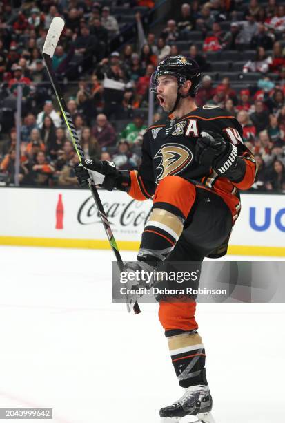 Adam Henrique of the Anaheim Ducks celebrates his first-period goal during the game against the New Jersey Devils at Honda Center on March 1, 2024 in...