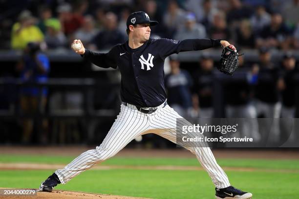 New York Yankees Pitcher Gerrit Cole delivers a pitch to the plate during the spring training game between the Toronto Blue Jays and the New York...