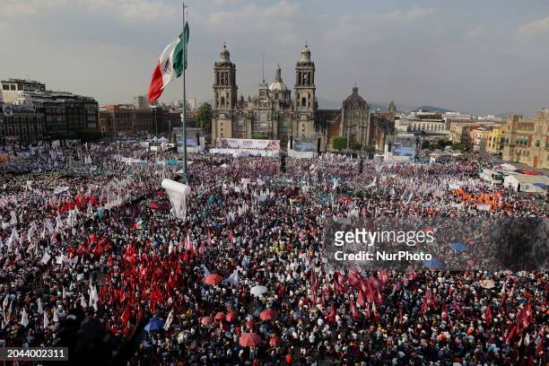 Panoramic view of the Zocalo in Mexico City is being captured as Claudia Sheinbaum, the candidate for the presidency of Mexico from the MORENA Party,...