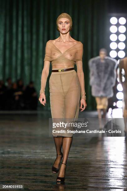 Anja Rubik walks the runway during the Saint Laurent Womenswear Fall/Winter 2024-2025 show as part of Paris Fashion Week on February 27, 2024 in...