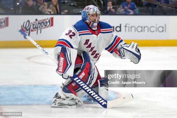 Jonathan Quick of the New York Rangers tends net during the second period against the Columbus Blue Jackets at Nationwide Arena on February 25, 2024...