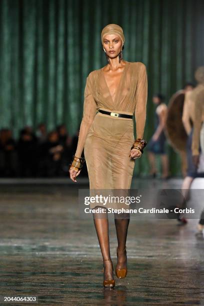 Yasmin Warsame walks the runway during the Saint Laurent Womenswear Fall/Winter 2024-2025 show as part of Paris Fashion Week on February 27, 2024 in...