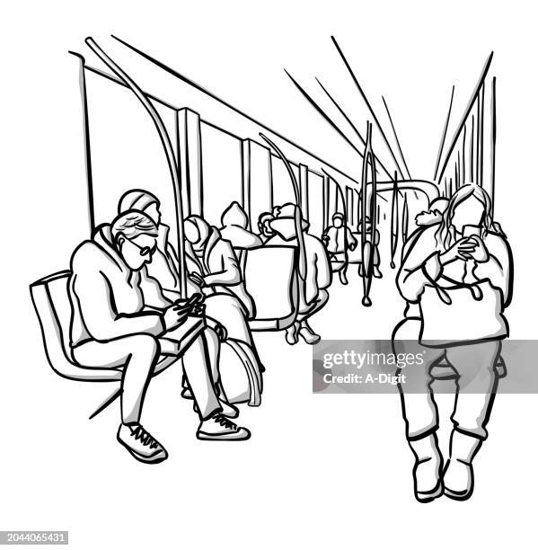 going home train and bus sketch - 30 39 years stock illustrations