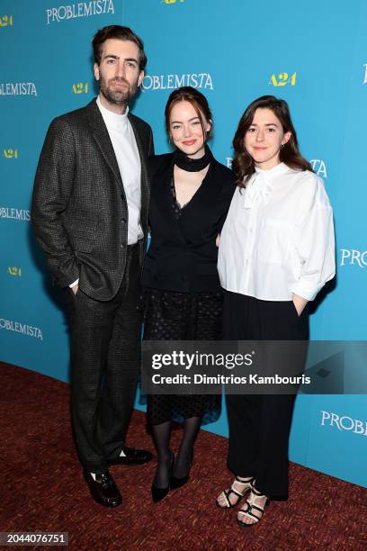 Dave McCary, Emma Stone and Ali Herting attend the "Problemista" New York Screening at Village East Cinema on February 27, 2024 in New York City.