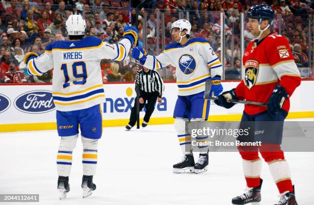 Dylan Cozens of the Buffalo Sabres celebrates his first period powerplay goal against the Florida Panthers at Amerant Bank Arena on February 27, 2024...