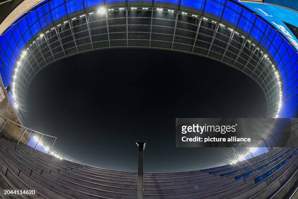 March 2024, Berlin: Soccer: Bundesliga 2, Hertha BSC - Holstein Kiel, matchday 24, evening shot of the Olympic Stadium from the perspective of the...