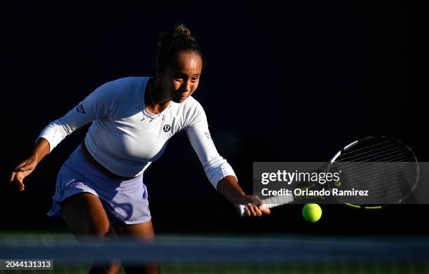 Leylah Fernandez of Canada hits a forehand against Tatjana Maria of Germany during day two of the Cymbiotika San Diego Open at Barnes Tennis Center...