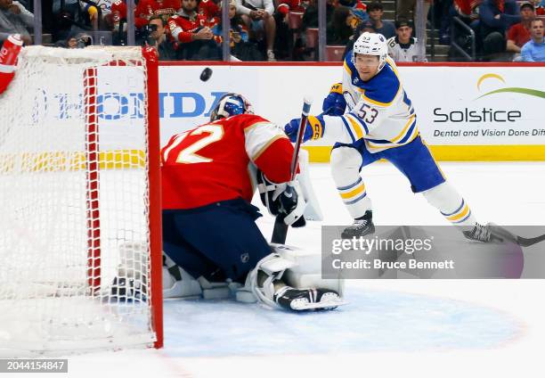 Sergei Bobrovsky of the Florida Panthers makes the first period save on Jeff Skinner of the Buffalo Sabres at Amerant Bank Arena on February 27, 2024...