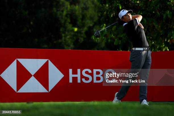 Ruoning Yin of China plays her shot from the 14th tee during a pro-am tournament prior to the HSBC Women's World Championship at Sentosa Golf Club on...