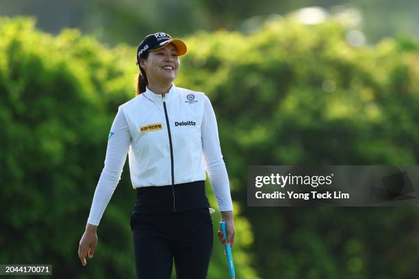 In Gee Chun of South Korea reacts after sinking her putt on the 13th green during a pro-am tournament prior to the HSBC Women's World Championship at...