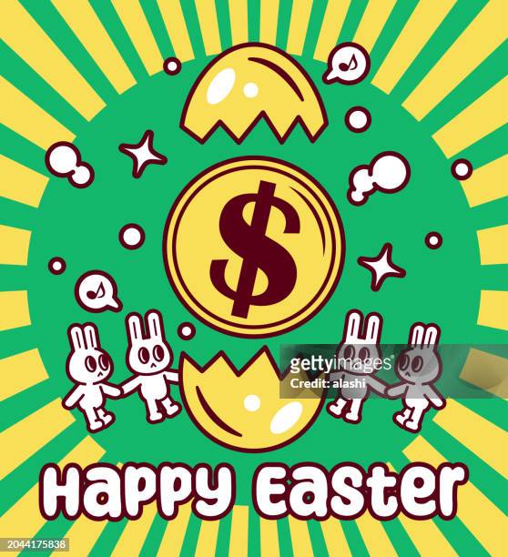 happy easter, easter bunnies holding hands, money popped out of a cracked easter egg, easter greetings with sunbeam - cracked egg stock illustrations