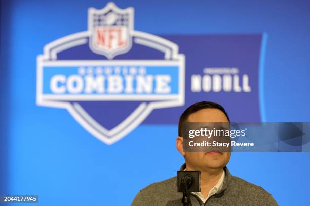 Director of scouting Eliot Wolf of the New England Patriot speaks to the media during the NFL Combine at the Indiana Convention Center on February...