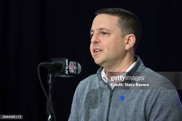 Director of scouting Eliot Wolf of the New England Patriots speaks to the media during the NFL Combine at the Indiana Convention Center on February...