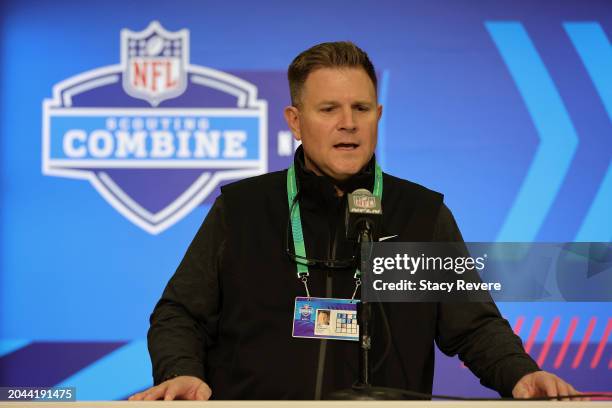 General manager Brian Gutekunst of the Green Bay Packers speaks to the media during the NFL Combine at the Indiana Convention Center on February 27,...
