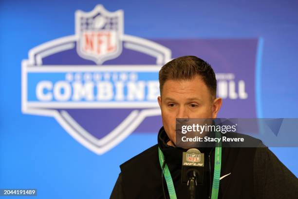 General manager Brian Gutekunst of the Green Bay Packers speaks to the media during the NFL Combine at the Indiana Convention Center on February 27,...