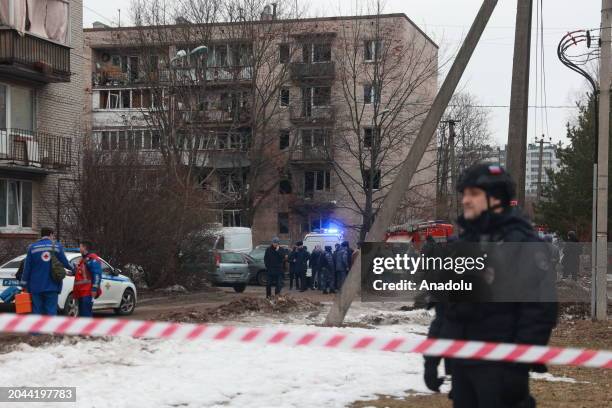 View of a damaged apartment block after an alleged drone attack reported by local media at Krasnogvardeysky district in St. Petersburg, Russia on...