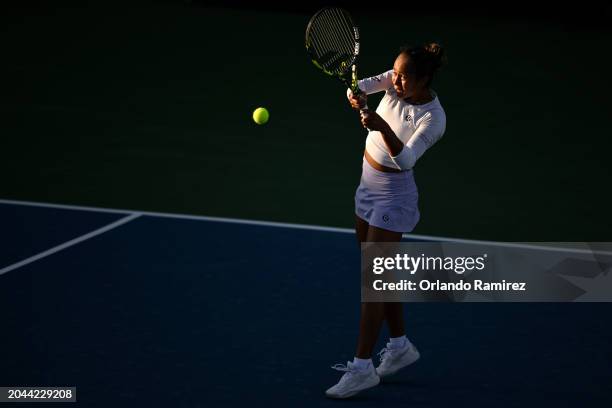 Leylah Fernandez of Canada hits a backhand against Tatjana Maria of Germany during day two of the Cymbiotika San Diego Open at Barnes Tennis Center...