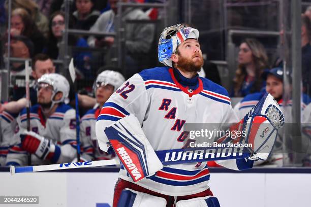 Goaltender Jonathan Quick of the New York Rangers skates during a stoppage in play during the third period of a game against the Columbus Blue...