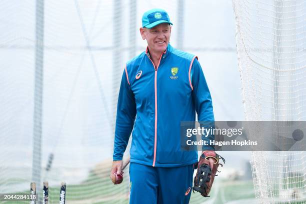 Coach Andrew McDonald of Australia looks on during a nets session ahead of the First Test in the series between New Zealand and Australia at...