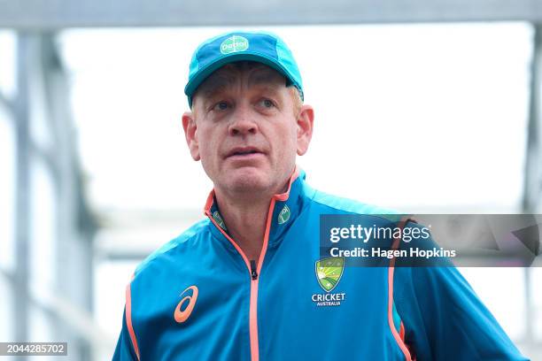 Coach Andrew McDonald of Australia looks on during a nets session ahead of the First Test in the series between New Zealand and Australia at...