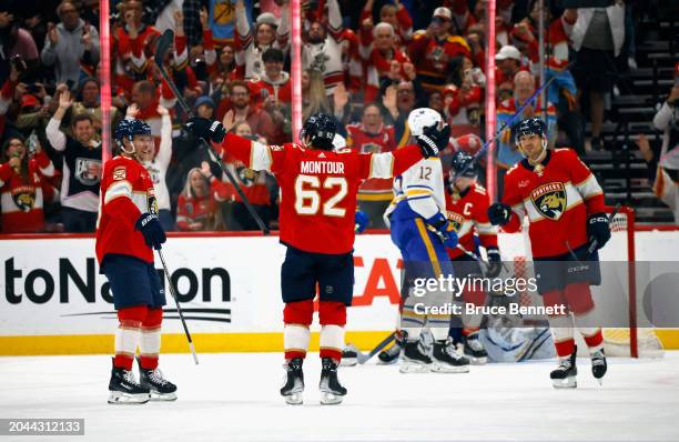 Brandon Montour of the Florida Panthers celebrates his third period powerplay goal against the Buffalo Sabres at Amerant Bank Arena on February 27,...