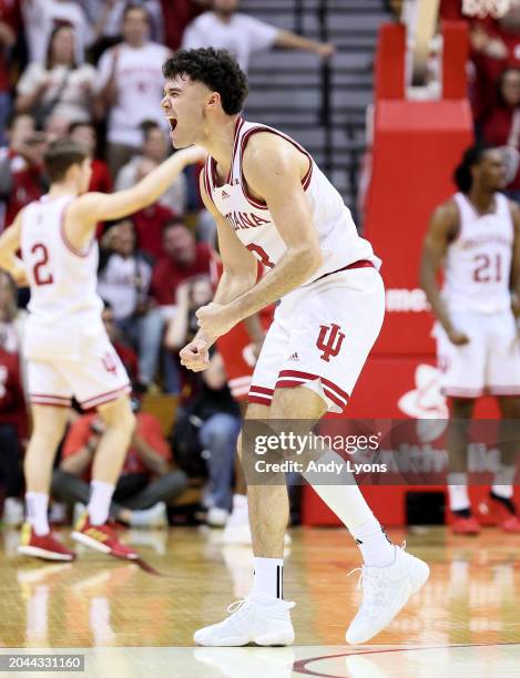 Anthony Leal of the Indiana Hoosiers celebrate in the second half of the 74-70 win against the Wisconsin Badgers at Simon Skjodt Assembly Hall on...