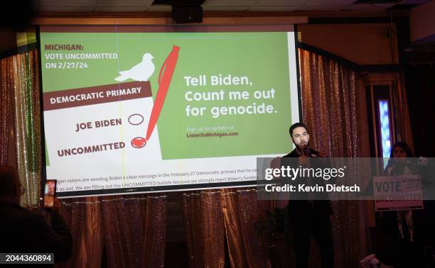 Mayor of Dearborn, Michigan Abdullah Hammoud delivers remarks at an "Uncommitted for Joe Biden" primary election night watch party at Adonis...