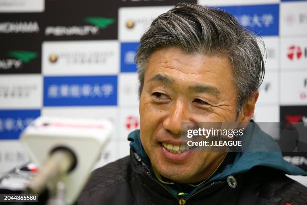 Head coach Takuya Takagi of V-Varen Nagasaki speaks at the post match press conference after the J.League J1 match between Shonan Bellmare and...