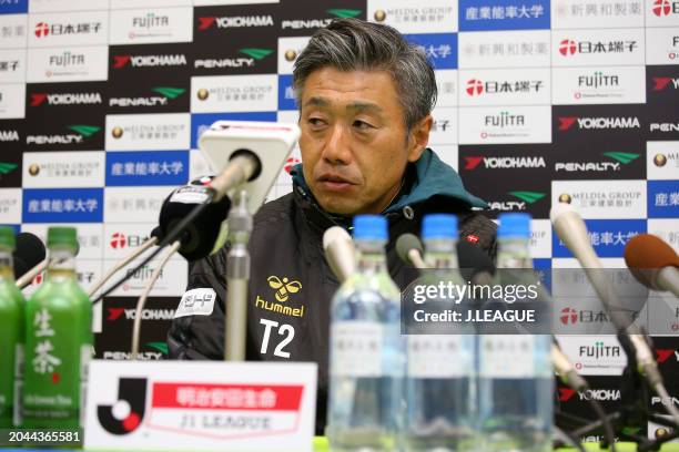 Head coach Takuya Takagi of V-Varen Nagasaki speaks at the post match press conference after the J.League J1 match between Shonan Bellmare and...