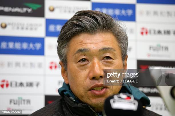 Head coach Takuya Takagi of V-Varen Nagasaki speaks at the post match press conference after the J.League J1 match between Shonan Bellmare and...