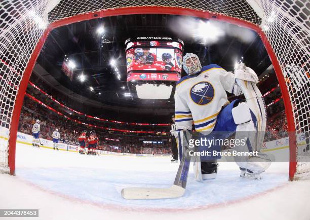 Ukko-Pekka Luukkonen of the Buffalo Sabres looks back in the net following a goal by Matthew Tkachuk of the Florida Panthers at Amerant Bank Arena on...