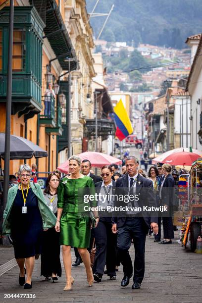 Queen Maxima of The Netherlands walks in the city center on February 27, 2024 in Bogota, Colombia. Queen Maxima visits Colombia in her role as United...