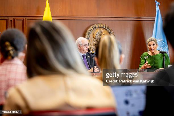 Queen Maxima of The Netherlands speaks during a press conference at the Central Bank with governor Leonardo Villar Gómez on February 27, 2024 in...