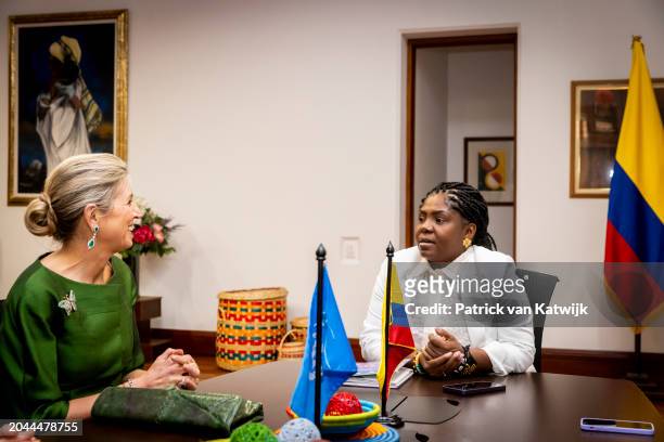 Queen Maxima of The Netherlands visits Colombian Vice President Francia Márquez on February 27, 2024 in Bogota, Colombia. Queen Maxima visits...