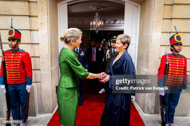 Queen Maxima of The Netherlands visits the Presidential Palace and is welcomed by First Lady Veronica Alcocer on February 27, 2024 in Bogota,...