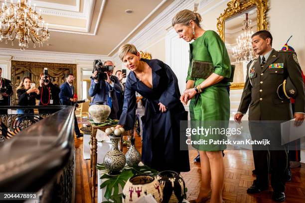 Queen Maxima of The Netherlands visits the Presidential Palace and is welcomed by First Lady Veronica Alcocer on February 27, 2024 in Bogota,...