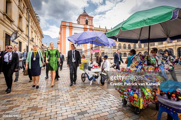 Queen Maxima of The Netherlands walks in the city center on February 27, 2024 in Bogota, Colombia. Queen Maxima visits Colombia in her role as United...