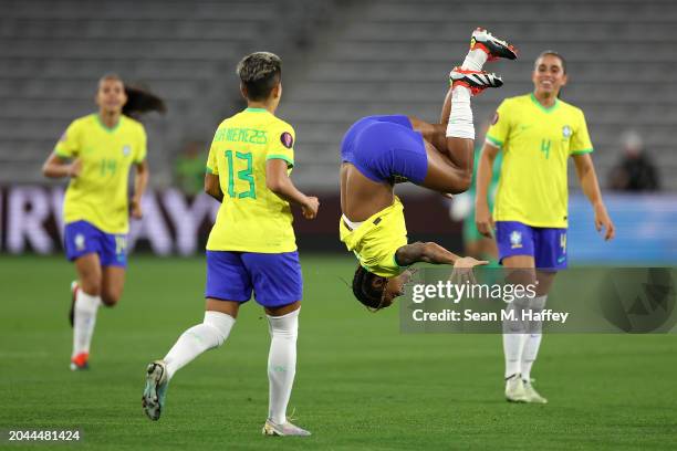 Geyse reacts after scoring a goal as Beatriz Ferreira and Rafaelle of Brazil look on during the first half of a game against Panama for Group B -...