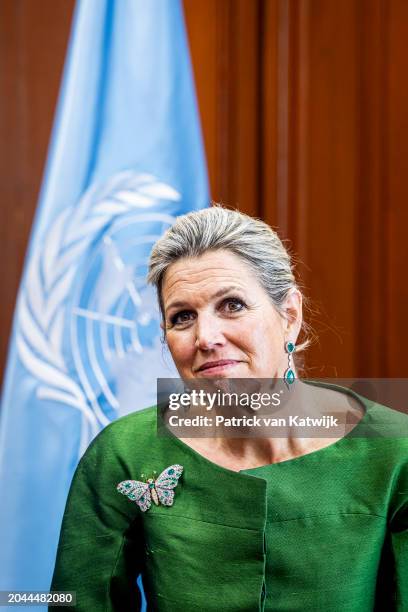 Queen Maxima of The Netherlands attends a press conference at the Central Bank on February 27, 2024 in Bogota, Colombia. Queen Maxima visits Colombia...